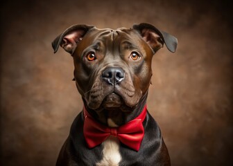Obraz premium Fashionable black Pit Bull features a vibrant red bow tie, beautifully photographed with tilt-shift techniques, highlighting its charming demeanor in a stylish studio environment.