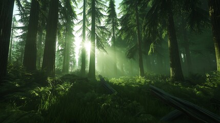 Obraz premium A misty forest with towering trees and sunbeams piercing through the fog