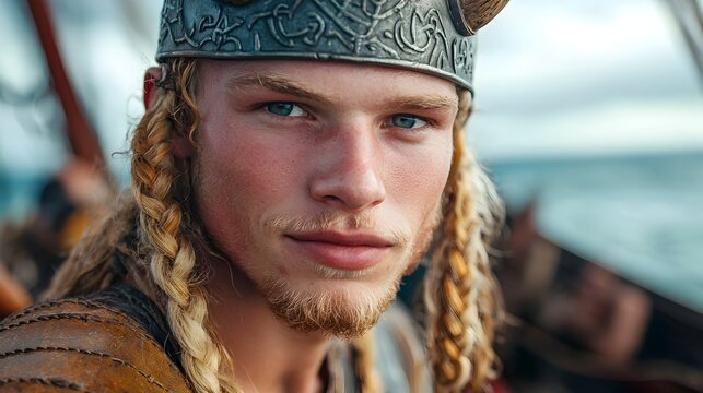 A fearless Viking warrior with braided hair and a horned helmet stands proudly on the deck of a majestic longship ready to embark on a perilous journey across the open sea  This powerful