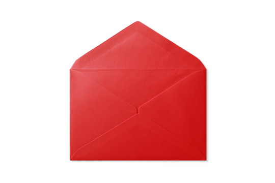 Opened red paper envelope mockup isolated on a transparent background, PNG. High resolution. 