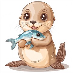 Cute Sea Lion Holding a Fish on Transparent Background