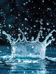 A perfectly captured splash forms a crown-like shape as a drop of water hits the surface, with droplets suspended midair.