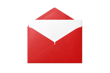 Opened red paper envelope mockup with paper sheet isolated on a transparent background, PNG. High resolution. 