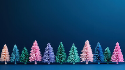Small colorful paper cutout Christmas trees standing in a row, deep blue background. Greeting card. Generative AI