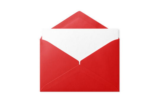 Opened red paper envelope mockup with paper sheet isolated on a transparent background, PNG. High resolution. 