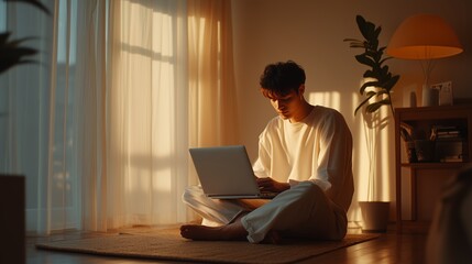 A young man working on a laptop in a sunlit living room during the evening