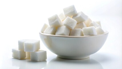 Sugar cubes in sugar bowl and near on white background