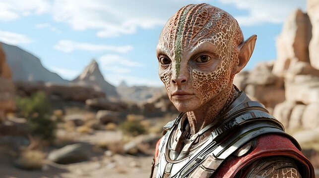 Alien figure with intricate patterns on their skin standing in a strange otherworldly landscape  This futuristic science fiction inspired digital artwork has a surreal abstract and experimental