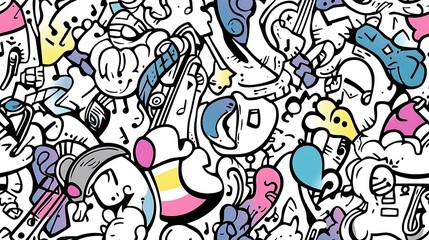 A playful music festival pattern, featuring elements like microphones, guitars, headphones, and records, interwoven with musical notes and abstract sound wave graphics.