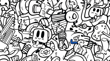 Fototapeta premium A playful music festival pattern, featuring elements like microphones, guitars, headphones, and records, interwoven with musical notes and abstract sound wave graphics.