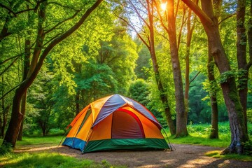 Summer camping scene with colorful tent surrounded by green trees