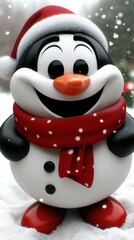 Fototapeta premium A cheerful penguin figurine wearing a red scarf and hat, surrounded by snowflakes, perfect for winter and holiday themes.