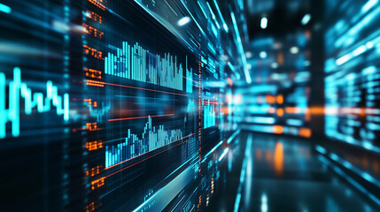Stock prices rising and falling on a futuristic exchange floor with holographic price displays, showcasing the dynamic nature of real-time market fluctuations in a high-tech trading environment