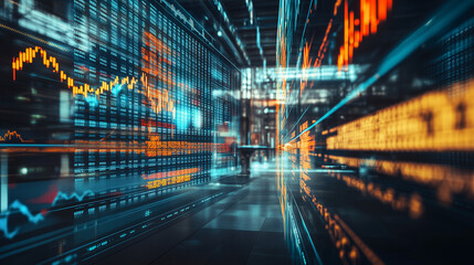 Stock prices rising and falling on a futuristic exchange floor with holographic price displays, showcasing the dynamic nature of real-time market fluctuations in a high-tech trading environment
