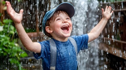 Carefree young boy standing beneath a majestic waterfall water splashing all around him