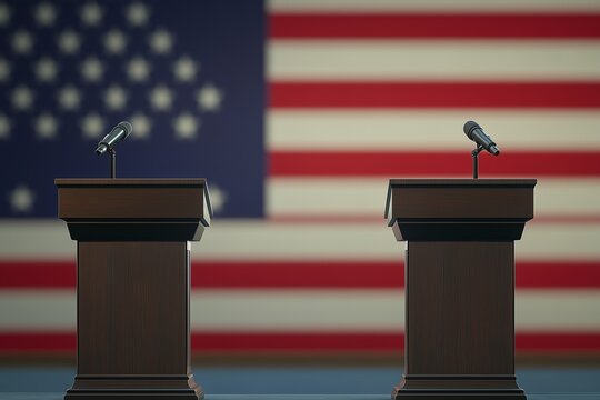 Two podiums with microphones stand against a blurred American flag, symbolizing political debates and discussions. 