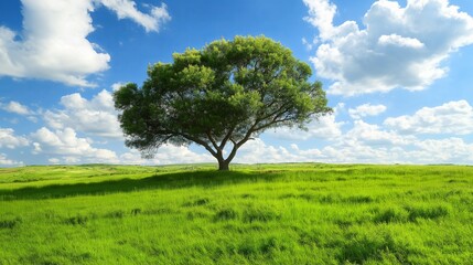 A lone tree standing in the middle of a vast, green prairie under a blue sky