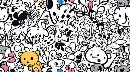 A seamless animal kingdom doodle pattern, showing a mix of animals like giraffes, tigers, elephants, and tropical birds amidst tall jungle trees and winding vines. Light,