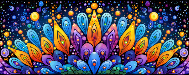 A colorful painting of a flower with many different colored petals. The painting is very bright and colorful, and it gives off a feeling of happiness and joy