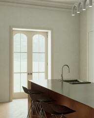 A modern minimalist kitchen with a sleek and elegant arrangement of a copper island