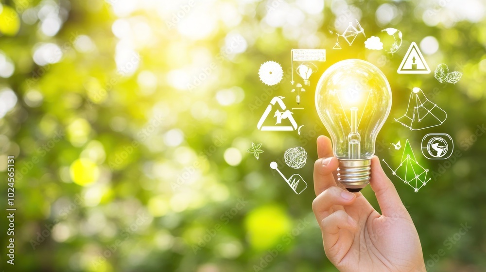 Poster hand holding lightbulb with abstract green background and icons