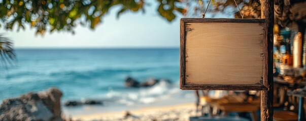 A blurry beach view featuring a blank wooden sign surrounded by lush greenery background, perfect for showcasing personal messages or branding.