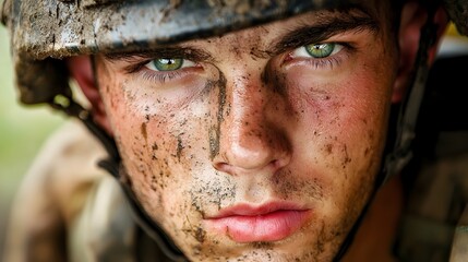 Portrait of a battle hardened soldier with a haunted distant gaze his face covered in dirt and sweat as he carefully surveys the distant warzone