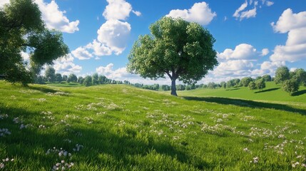 Obraz premium A lone tree standing in the middle of a vast, green prairie under a blue sky