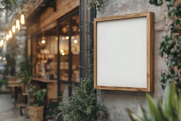 Charming wooden signboard outside a cozy cafe, surrounded by blurry greenery and warm lights, perfect for a personal message or promotion.