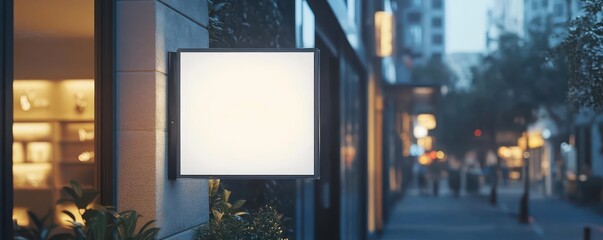 A blank shop sign illuminated at dusk, showcasing an inviting storefront in a modern blurred urban setting.