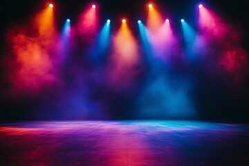 Vibrant stage illuminated by colorful lights with a foggy atmosphere in the background. Concepts of performance, entertainment, and theatrical ambiance. 