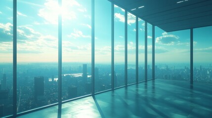 The futuristic office space overlooks stunning city landscapes through towering windows, showcasing a modern work environment filled with natural light and stylish design.