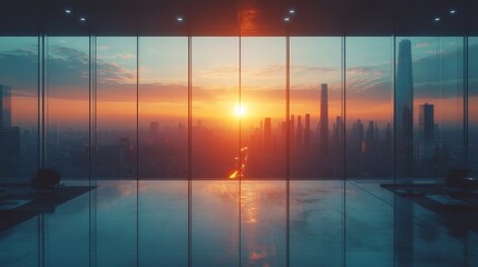 Fototapeta premium The futuristic office space overlooks stunning city landscapes through towering windows, showcasing a modern work environment filled with natural light and stylish design.