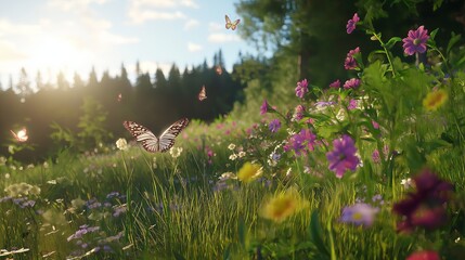 A grassy hillside with wildflowers and butterflies flying in the afternoon su