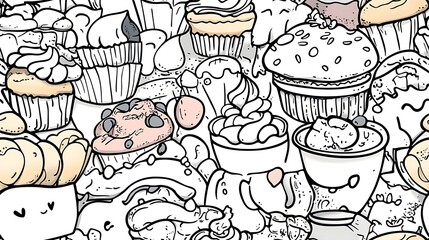 A seamless doodle pattern featuring a charming vintage bakery scene filled with pastries, cupcakes, baguettes, croissants, and steaming coffee cups, all arranged in a cozy, overlapping design.