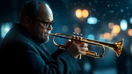 Obraz premium A talented jazz musician plays a captivating solo on a brass trumpet with the instrument s warm tones illuminated by the moody low light ambiance of a dimly lit bar setting