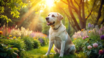 In a peaceful park, a Labrador dog relaxes under the sun, embodying the joyful essence of nature while bringing a heartwarming vibe to the scene.