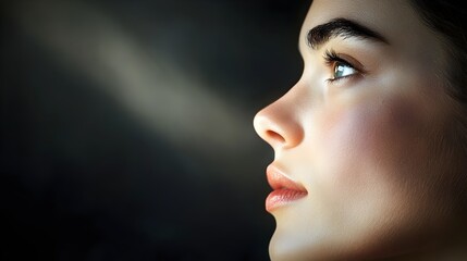 Fototapeta premium A woman s pensive profile is dramatically illuminated by a single beam of light in a dark and mysterious room creating a powerful and emotive atmosphere