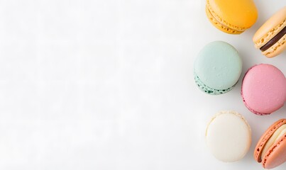 Obraz premium Close up of vibrant macarons against a white backdrop , Generative AI