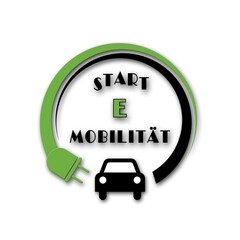 Electric mobility symbolic - for use as a logo with text START E MOBILITY (in german START E-MOBILITAET) - E-car pictogram with plug in green - 3D Illustration