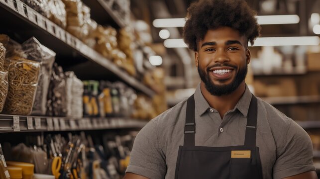 A friendly male consultant in a home improvement store, smiling confidently while standing in front of a well-stocked aisle filled with various hardware items, creating a welcoming environment