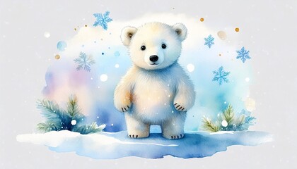 A cute baby polar bear stands on a snowy surface surrounded by snowflakes, depicted in soft watercolor tones