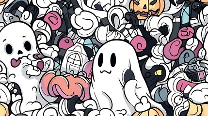 Fototapeta premium A seamless doodle pattern featuring a spooky Halloween scene filled with ghosts, jack-o’-lanterns, bats, witches on broomsticks, and haunted houses, all arranged in a dynamic, flowing design.