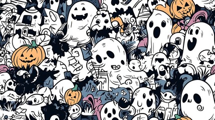 Naklejka premium A seamless doodle pattern featuring a spooky Halloween scene filled with ghosts, jack-o’-lanterns, bats, witches on broomsticks, and haunted houses, all arranged in a dynamic, flowing design.
