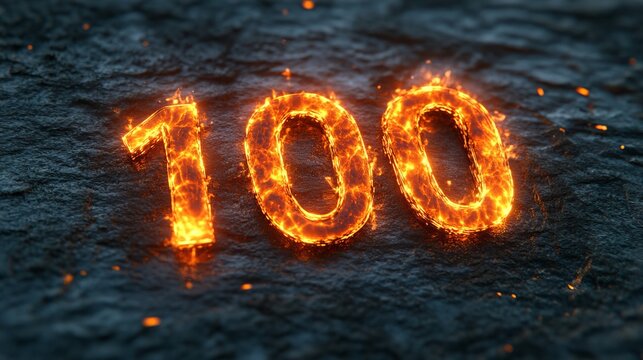 Fiery Number 100 Burning Hot Flames on Dark Grunge Stone Texture Background, Celebration Concept