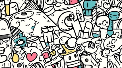A seamless doodle pattern featuring a vibrant craft workshop scene filled with paintbrushes, scissors, sewing machines, buttons, and colorful fabric swatches,