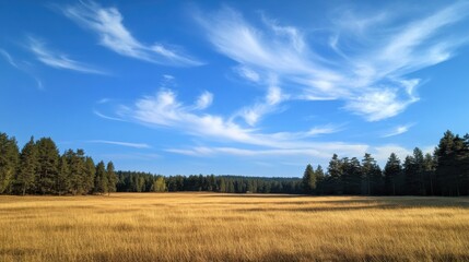 Fototapeta premium A vast open field of golden grass under a bright blue sky filled with scattered, soft clouds