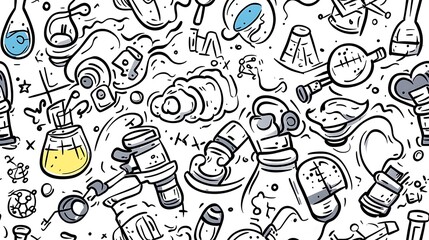 A seamless doodle pattern featuring a vibrant science lab scene filled with beakers, test tubes, microscopes, atoms, and chemical formulas, all arranged in a dynamic, flowing design. Bright,