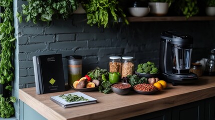 A modern kitchen counter filled with fresh vegetables, grains, and herbs, accompanied by a blender and a cookbook, set against a dark textured wall for a stylish food preparation setup