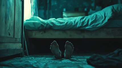 A chilling scene where someone s feet dangle just above the floor, knowing that something horrifying waits under the bed